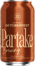 Non-alcoholic Oktoberfest beer can from Partake Brewing with water droplets on surface.