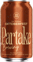 Non-alcoholic Oktoberfest beer can from Partake Brewing with water droplets on surface.