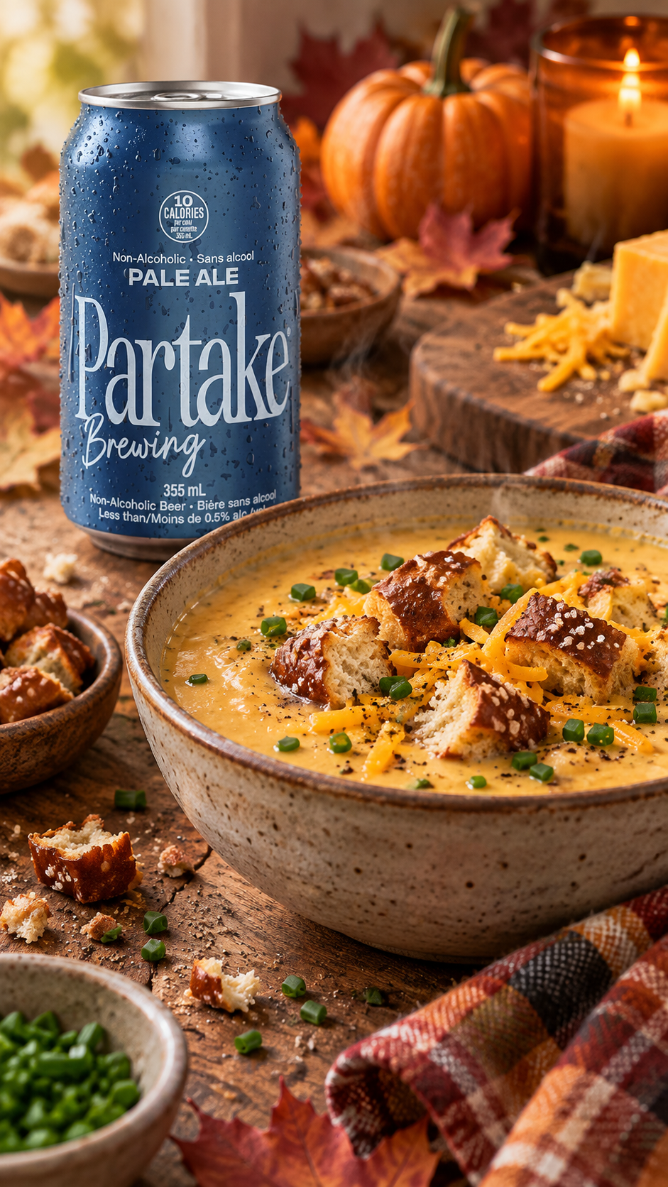 Pale Ale Cheddar Soup with Pretzel Croutons